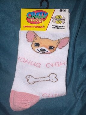 Crazy Socks Women’s White & Pink Chihuahua Crew Socks